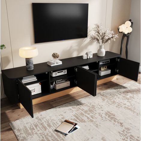 Mueble para TV de MDF negro 200x40x47,5 cm, 4 puertas acanaladas, estantes ajustables y pasacables (1/5)