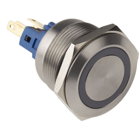 Bouton-poussoir, Momentané lumineux, LED Rouge, Unipolaire à deux directions (1RT), 5 A @ 250 V c.a., Chrome, Montage ( Prix pour 1 ) (1/4)