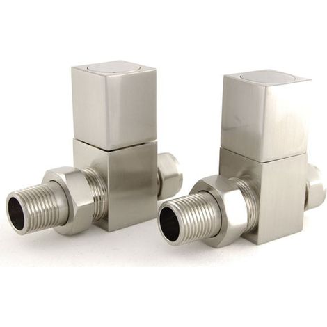 West Cubex Square Straight Radiator Valves Pair Satin Nickel (1/5)