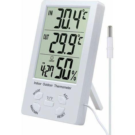 Digital thermometer hygrometer with indoor and outdoor hygrometer probe, refrigerator, table, aquarium sensor tester (white). (1/5)