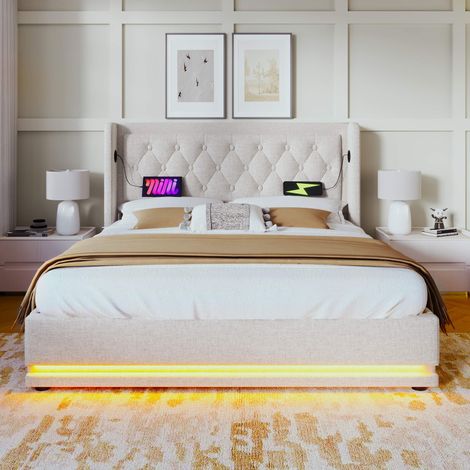Lit coffre 180x200 cm beige en coton, tête de lit capitonnée, LED 3 côtés 16 couleurs, USB et USB-C, rangement hydraulique, sommier à lattes inclus, sans matelas (1/5)