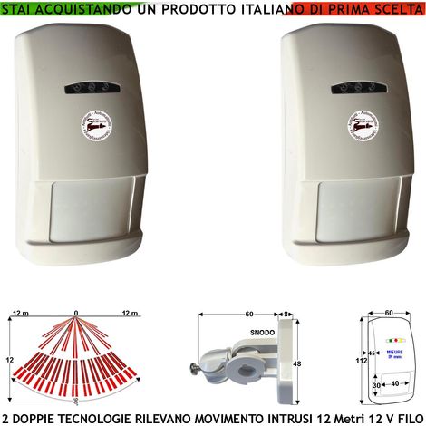 Sensori Due Doppia Tecnologia Grandangolo Rileva Movimento Intrusi Per Antifurto Portata 12 MT da Interno Aliment. 12 V Assorb. 40 mA Infrarosso Lente 25 Fasci su 4 Piani Contenitore Bianco Snodo ABS (1/4)