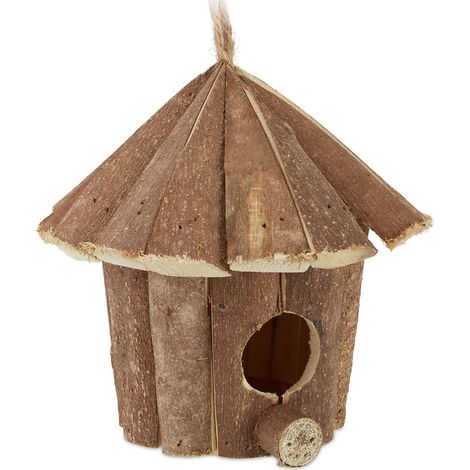 relaxdays Casetta per Uccelli, Decorazione da Appendere, Legno Non Trattato,Balcone & Giardino, 16x16x16 cm, Naturale (1/5)