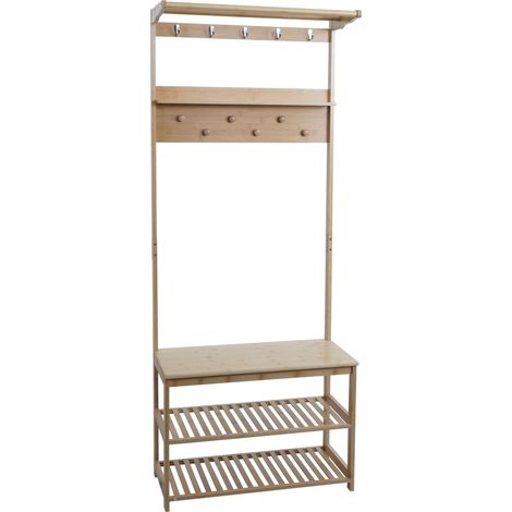 [NEUWERTIG] Bambus Standgarderobe HHG-590, Garderobenständer Schuhregal Sitzbank Schuhbank, Kleiderhaken MVG 170x70x31cm