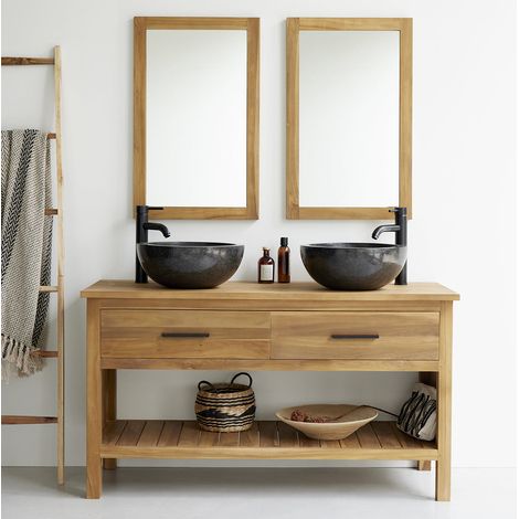 Berah Getah – Meuble sous vasque simple en teck massif 135 cm – Hauteur 75 cm – Profondeur 50 cm – Grand tiroir et niche ouverte