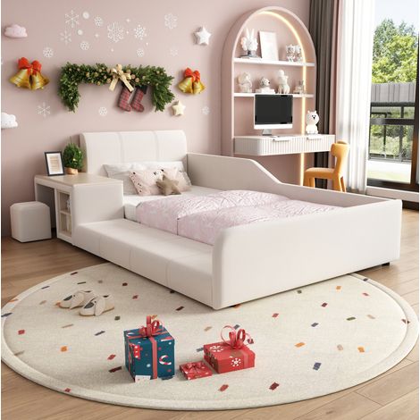 Lit enfant capitonné blanc 90x200 cm avec bureau, tabouret et étagère de rangement (1/5)
