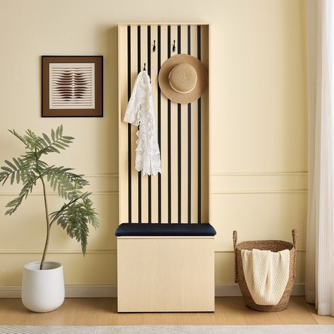 Perchero de recibidor con banco y zapatero - 61x35x179.5 cm mueble de entrada con 4 colgadores y cojín acolchado de madera mdf estilo moderno madera natural y negro (1/5)