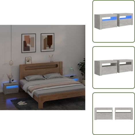 Tables de chevet 2 pcs avec LED Gris béton 60x35x40 cm - Table De Chevet - Meuble De Chambre - Meubles Gris - Éclairage Led - Table De Nuit (1/5)