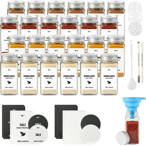 24 Pièces Pot Epices Verre Carré 120ml Bocaux à Épices avec Couvercle en Aluminium, Rangement pour Epices de Cuisine, Convient pour Le Camping (Blanc argenté) (1/5)