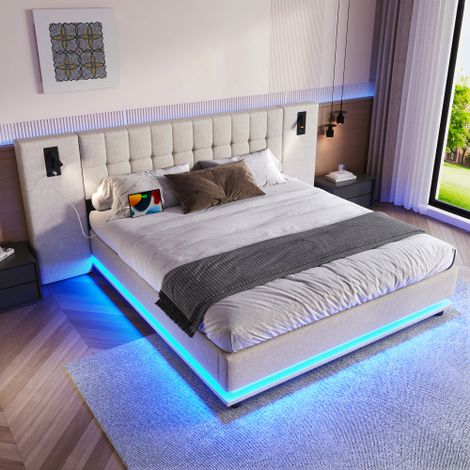 Lit adulte 180x200 cm, lit double avec bande LED, port USB et lampe de chevet, tissu en lin beige, sans matelas (1/5)