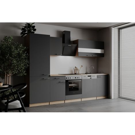 Einbau Küchenzeile Eiche Sägerau Grau Merle 280 cm großer Kühlschrank Respekta
