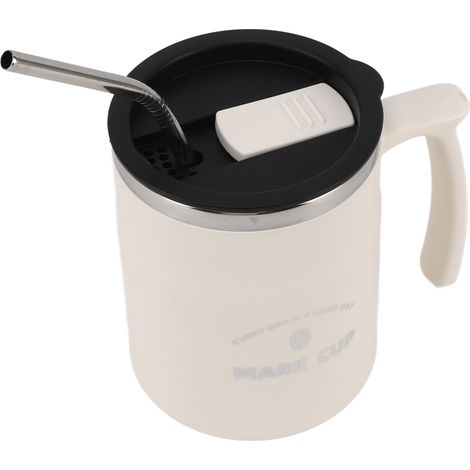 Tasse à café grande capacité, étanche, en acier inoxydable, avec couvercle et paille, idéale pour le bureau, les voyages et la maison (blanche). (1/5)