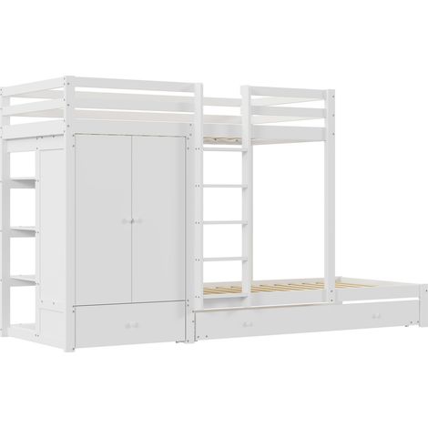 Etagenbett 90 x 200 cm mit Ausziehbett, Kleiderschrank, Schubladen und Regal, weiß, MODENUIT (1/5)