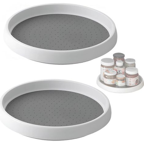 Plateau tournant de cuisine en plastique, lot de 2 supports à condiments rotatifs multifonctions pour cuisine, garde-manger et réfrigérateur (blanc, gris) (1/5)