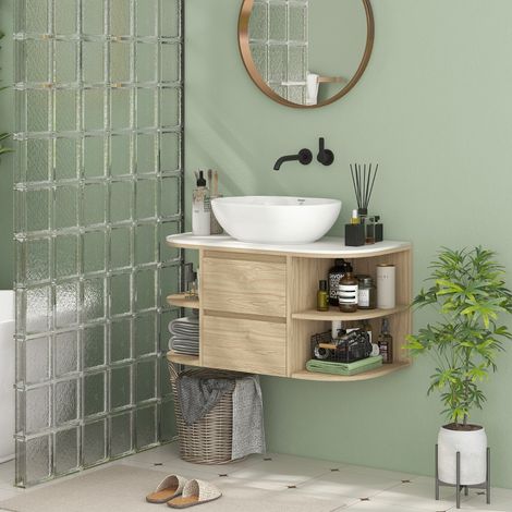 Meuble sous lavabo salle de bain suspendu meuble sous vasque avec tiroirs à fermeture douce et étagères, marron (1/4)