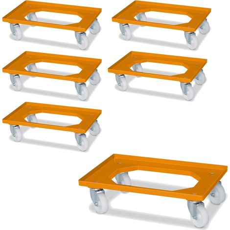 BRB Lot de 6 roulettes logistiques pour conteneur Euro - 615 x 415 x 175 mm - Roues en plastique blanches et orange