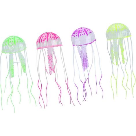 Lot de 4 méduses artificielles flottantes en silicone, fluorescentes, pour aquarium et décoration. (1/3)