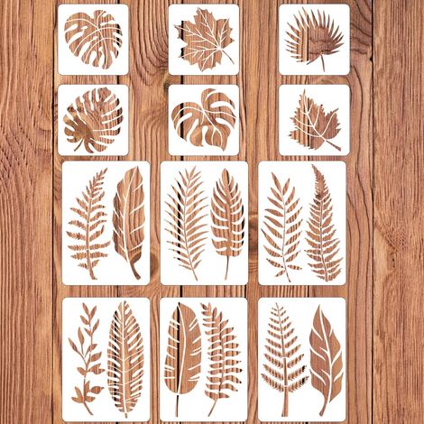 CCYKXA12Pcs Pochoirs de peinture pour grandes feuilles, pochoirs réutilisables pour feuilles, plastique pour le dessin, plantes pour la peinture sur bois (1/5)