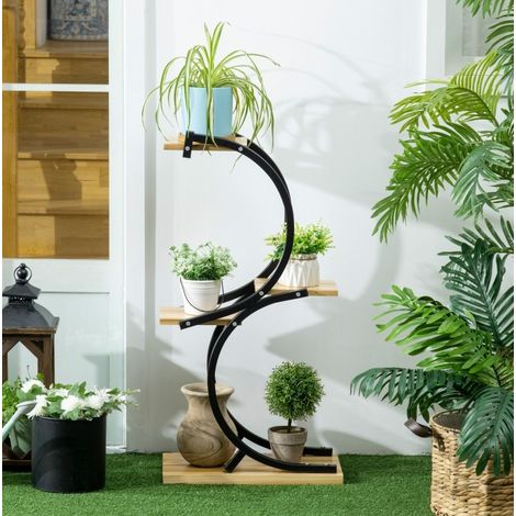 Étagère porte-plantes en bois naturel, 4 niveaux, design vertical gain de place 46x25x91 cm (1/5)
