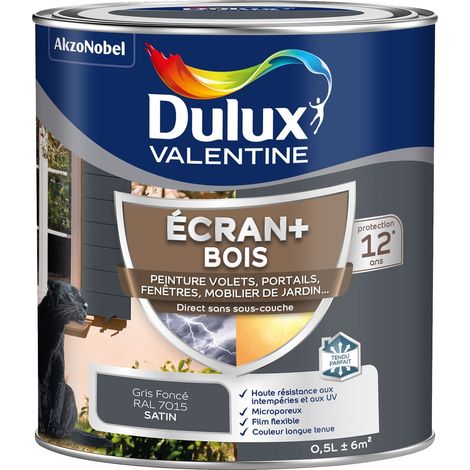 ECRAN+ BOIS - Peinture satinée pour bois extérieur - Volets, portes, fenêtres, portails - Gris Foncé 0,5 L - Dulux Valentine