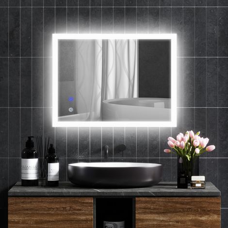 Miroir de Salle de Bain avec Lumières LED Réglables en 3 Couleurs 80x60 cm Fonction Antibuée Fonction Mémoire Interrupteur Tactile