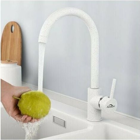 High Spout Kitchen Faucet, Single Handle Sink Mixer Tap, 360° Rotatable, Brass Hot and Cold Water Kitchen Mixer Tap with Detachable Aerator, U-Form, White (1/5)