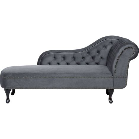 Chaise longue tapizado en terciopelo gris con botones versión derecha Nimes (1/5)