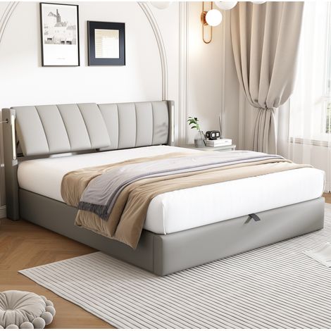 CHICFURN Cama con canapé 140x200 cm en PU gris con LED, USB y cabecero ajustable, sin colchón (1/5)