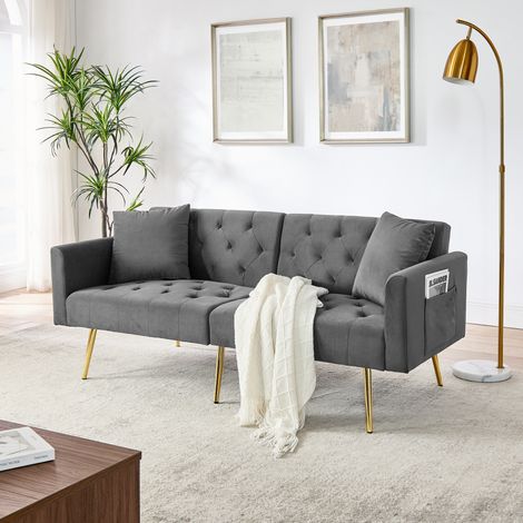 Canapé convertible 2 places velours gris OKMYHOME (1/5)