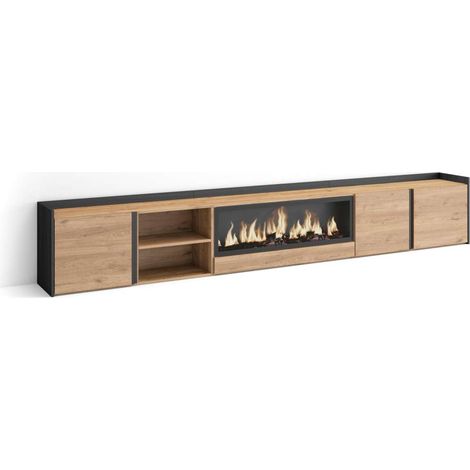 Mueble TV Trapiche-01 de 315x50x35 cm con chimenea eléctrica XXL, color roble y negro (1/4)