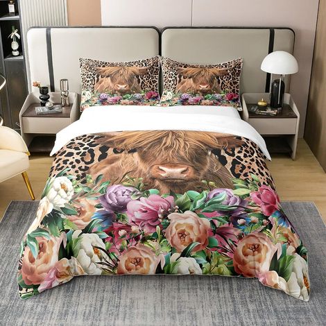 Parure de lit avec housse de couette 200 x 200 cm et 2 taies d'oreiller - Motif vache des Highlands - 100 % coton - Imprimé léopard - Pour enfants, garçons et filles (1/5)