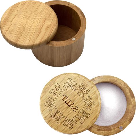 Boîte à sel en bambou, récipient à sel avec couvercle, salière, bol avec couvercle pivotant magnétique (2 pièces) (1/5)