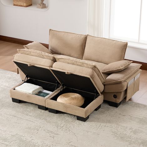 Canapé modulable 2 places en velours côtelé avec 2 poufs – assise large, ergonomique, mousse haute densité, USB-C, poches latérales, salon/bureau – kaki (1/4)