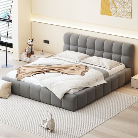 Lit adulte chambre couchage 140x190 rembourré gris OKMYHOME (1/5)