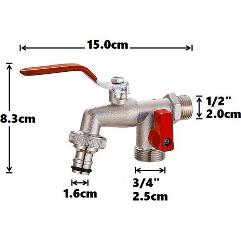 Robinet pour tuyau d'irrigation, robinet à double vanne en alliage de zinc, becs de 1/2 pouce et 3/4 pouce, avec entrée de tuyau de 3/4 pouce. (1/5)