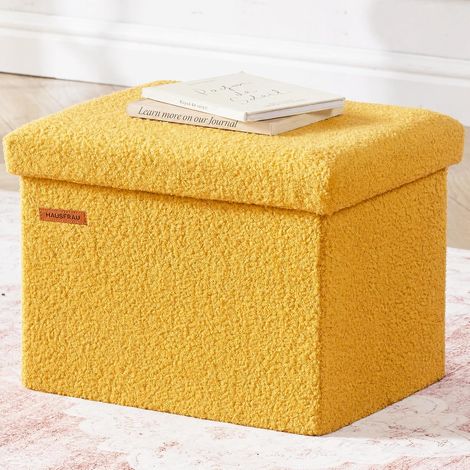 Pouf avec espace de rangement, petit banc, tabouret, boîte de rangement, charge maximale de 130 kg, repose-pieds pour salon, chambre à coucher, couloir, 42 x 31 x 31 cm, polaire jaune (1/4)