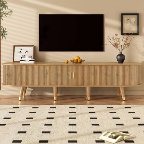 Meuble TV 175 cm, banc TV à portes coulissantes avec 2 tiroirs et niches, pieds dorés, MDF, bois naturel (1/5)