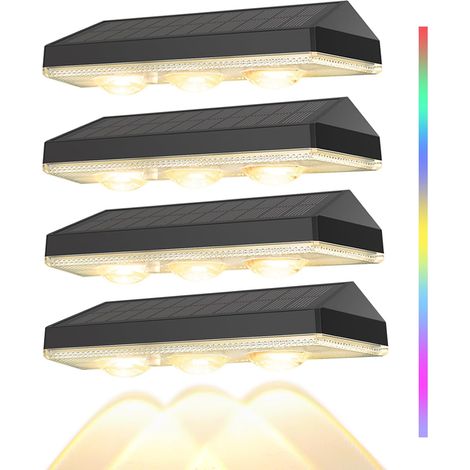 Lot de 4 lèche-mur solaire, applique murale exterieur solaire à 3 LED lentille, panneau monocristallin 9 modes RGBW IP65, éclairage mural d'extérieur pour clôture jardin balcon terrasse (1/5)