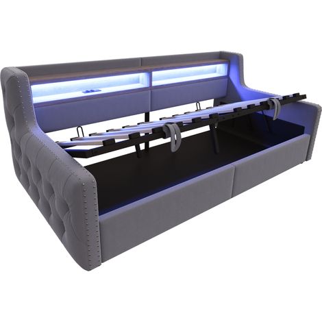 Diván cama tapizado 90 x 200 cm gris oscuro con almacenaje, LED y enchufes (1/5)