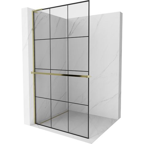 Mexen Kioto+ L panel de ducha con estante Walk-in 110 x 200 cm, cuadr铆cula negra, dorado - 800-110-123-50-77