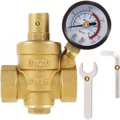 GDHZS- Reducteur de Pression eau DN20 3/4 Pouce Avec Manometre Pression eau, Fabriqué en Laiton de Haute Dureté, Réducteur de Pression d'eau Limiteur de Pression Arrosage Regulateur de Pression d ea (1/5)