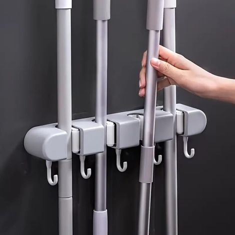 (4 étagères, 5 crochets)Support mural pour balai et serpillère pour la maison, la cuisine, le garage, le jardin, la buanderie, l'organisation et le rangement de la salle de bain (1/5)
