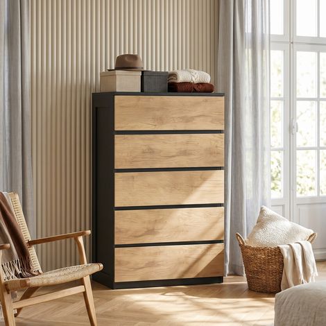 Commode 5 Tiroirs en Bois avec Poignées Rainurées, 60x39x100 cm, Noir et Chêne (1/5)