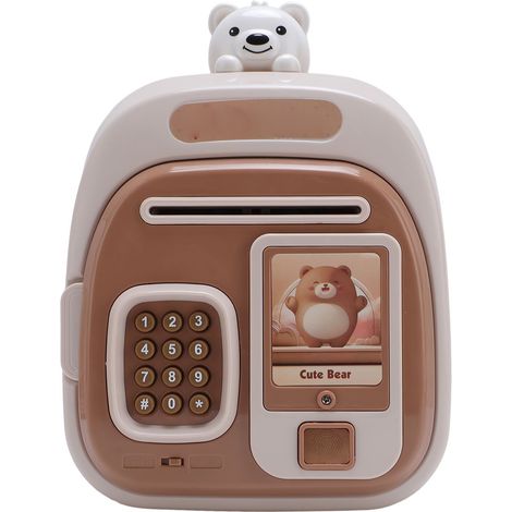 Tirelire pour enfants, grande capacité, avec défilement automatique et code de sécurité par empreinte digitale (marron). (1/5)