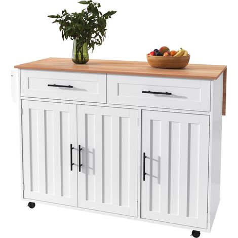 ELVMI Carrello da Cucina con 2 Cassetti, 3 Vani Regolabili e Piano Ribaltabile con 5 Ruote, in MDF, Bianco e Naturale (1/5)