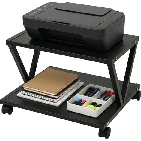 Soporte para impresora Relaxdays, 2 niveles, HBT: 28 x 44 x 28 cm, carro para impresora, oficina, MDF y metal, negro