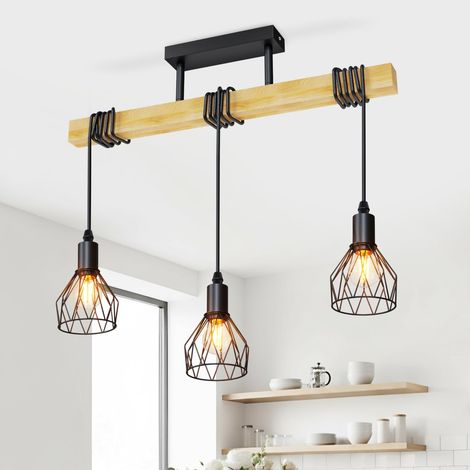 Industrial Ceiling Light, E14 Dining Room Light 520 mm, Black Chandelier Living Room Wood with 3 Heads, Industrial Chandelier with Net Shaped Shade for Bedroom (No Bulb) (1/5)