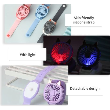 Ventilateur portable, mini ventilateur de montre portable avec dragonne confortable, lumière LED colorée, chargement USB à trois vitesses