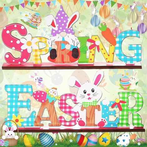 2 Pièces Pâques Lettrage Présentoir, Lettres de Pâques en Bois avec Inscription Spring et Easter Décoration de Table Décoration de Pâques Chambre à Coucher Printemps de Pâques (Coloré) (1/5)