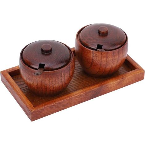 Vtizikl Pot à épices en bois avec couvercle et cuillère cuisine et restaurant matériaux en bois naturels café et sucre (1/4)